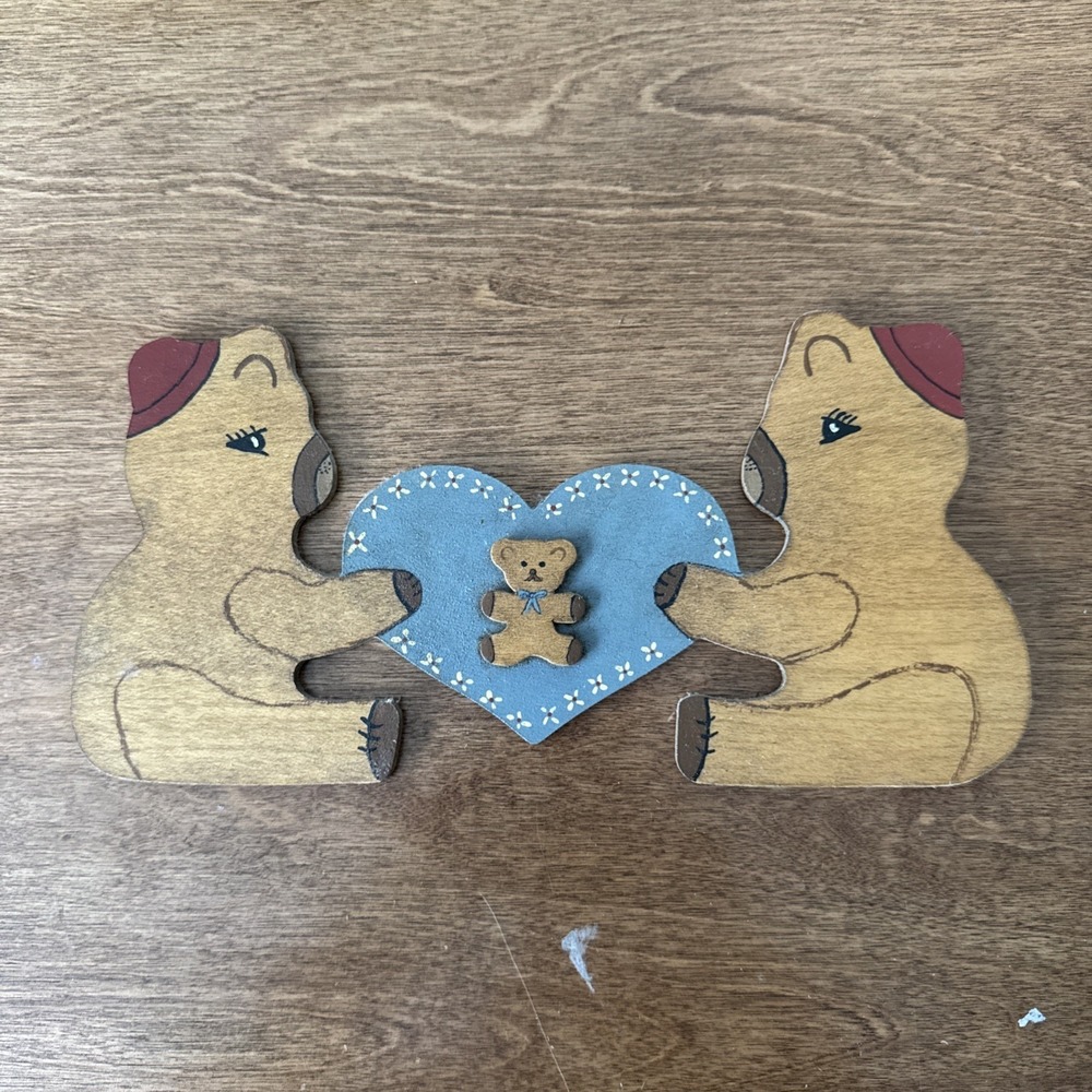 Handmade Wooden Bears Holding Heart Vintage